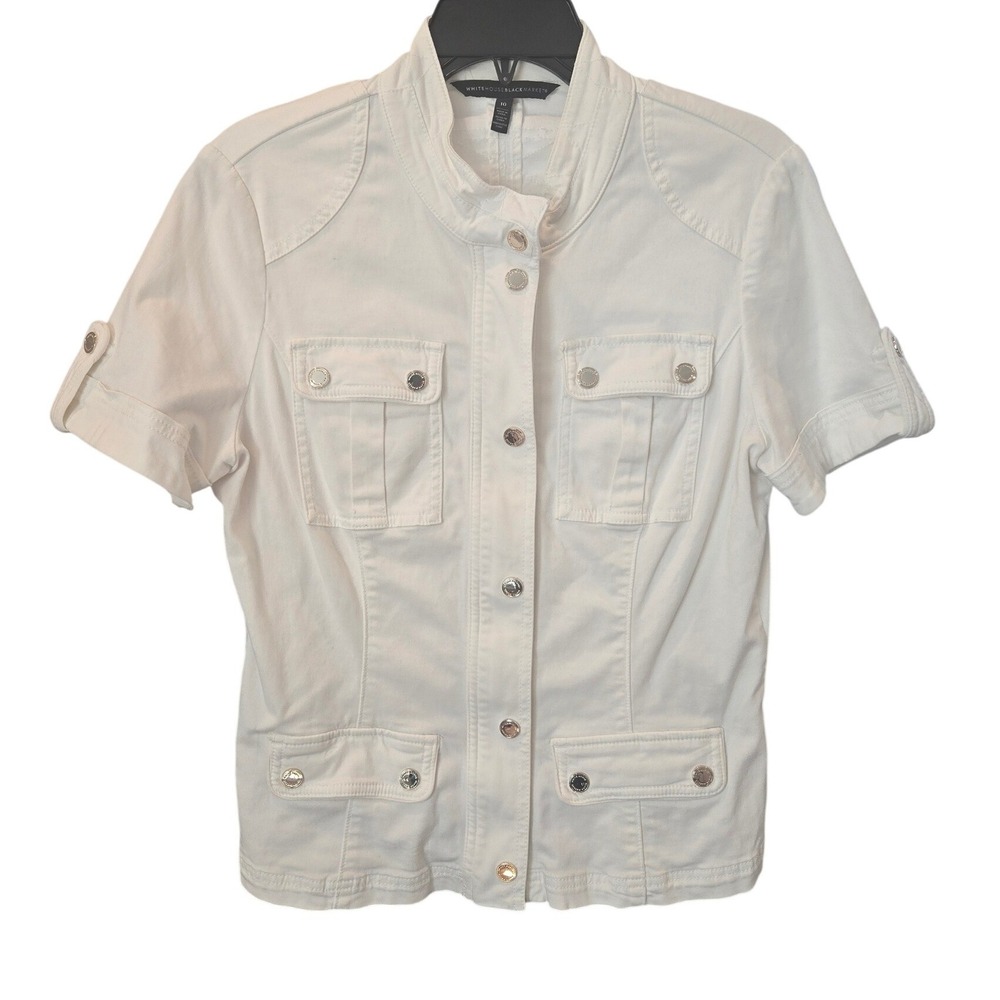 White House Black Market Utility Jacket White Denim Short Sleeve Pockets Size 10